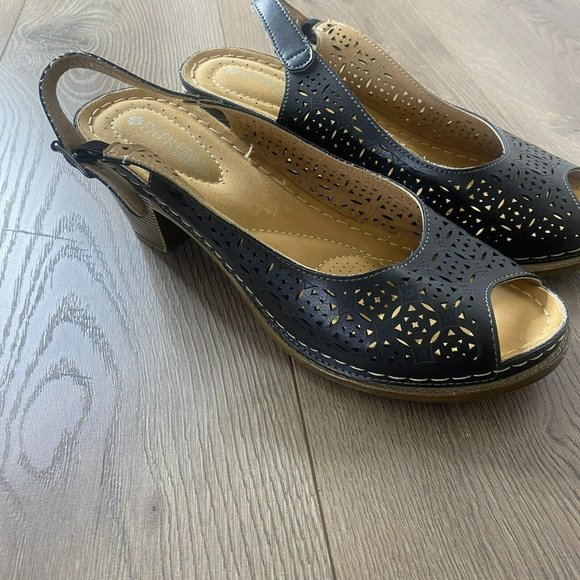 Patrizia Shoes - Patrizia by Spring Step Sandals Womens 9 Black Perforated Slingback Heels Shoes